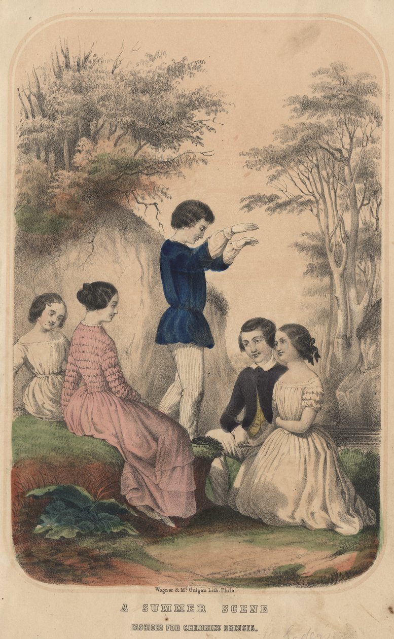 儿童连衣裙的夏日场景，1850年由Wagner和McGuigan创作的版画 作者 托马斯·瓦格纳