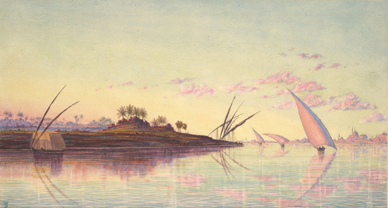 开罗附近的尼罗河上的景色，约1855年。 作者 托马斯·塞登
