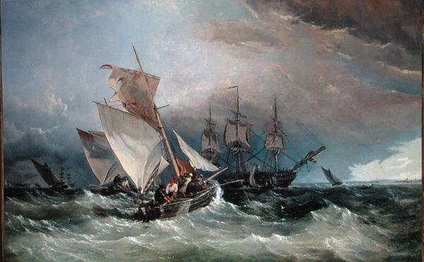 诺尔河上的割虾船，远处的Sheerness，约1854年（布面油画）。 作者 托马斯·塞威尔·罗宾斯