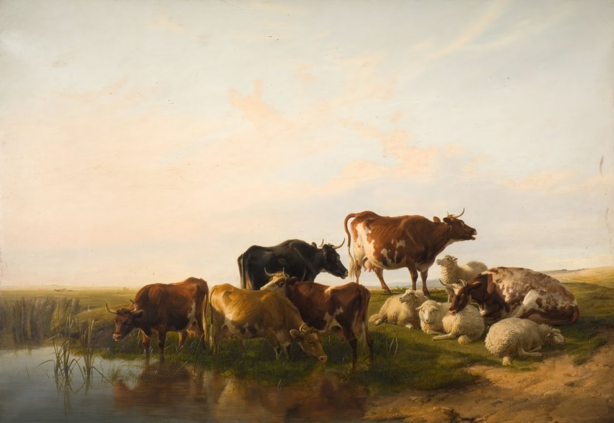 有牛和羊的风景，1872年。 作者 托马斯·西德尼·库珀
