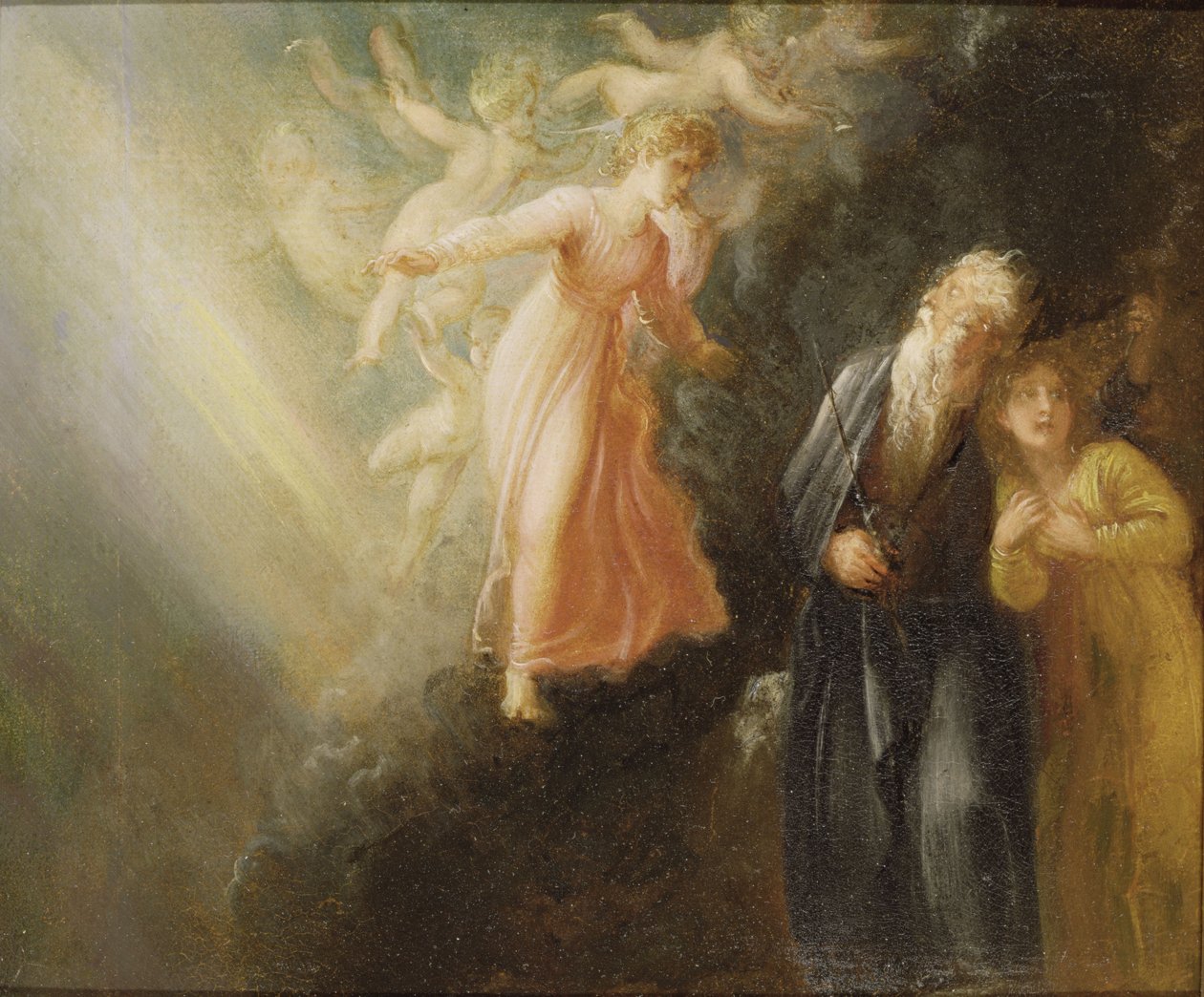 Prospero，Miranda和Ariel，摘自“暴风雨”，摄于1799年（纸上油画，画布上） 作者 托马斯·斯托达德