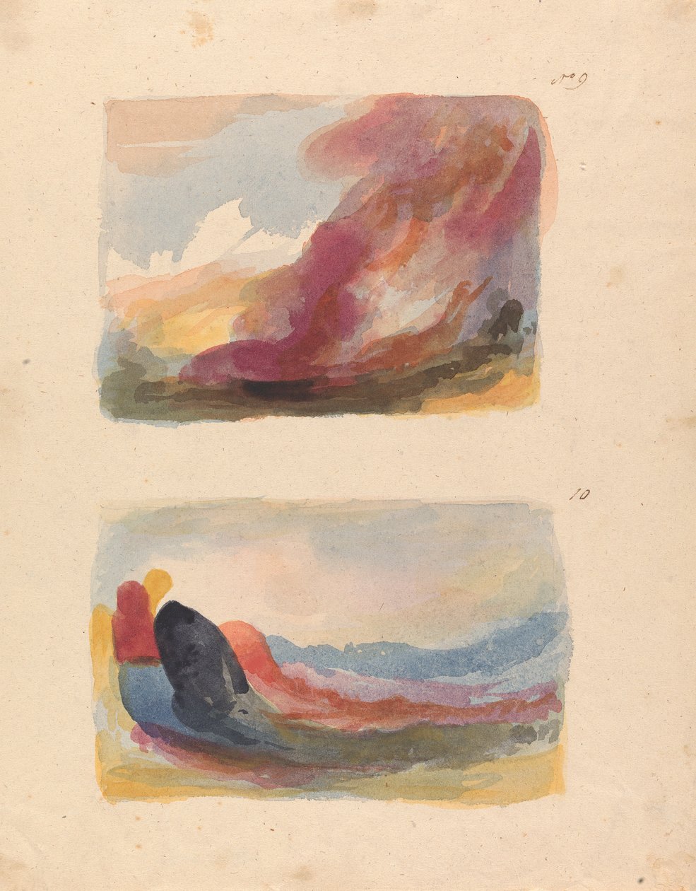 一张纸上的两幅画：风景 - 彩色水洗，提香（第 9 号）； 风景 - 彩色水洗，鲁本斯（第 10 号） 作者 托马斯·萨利