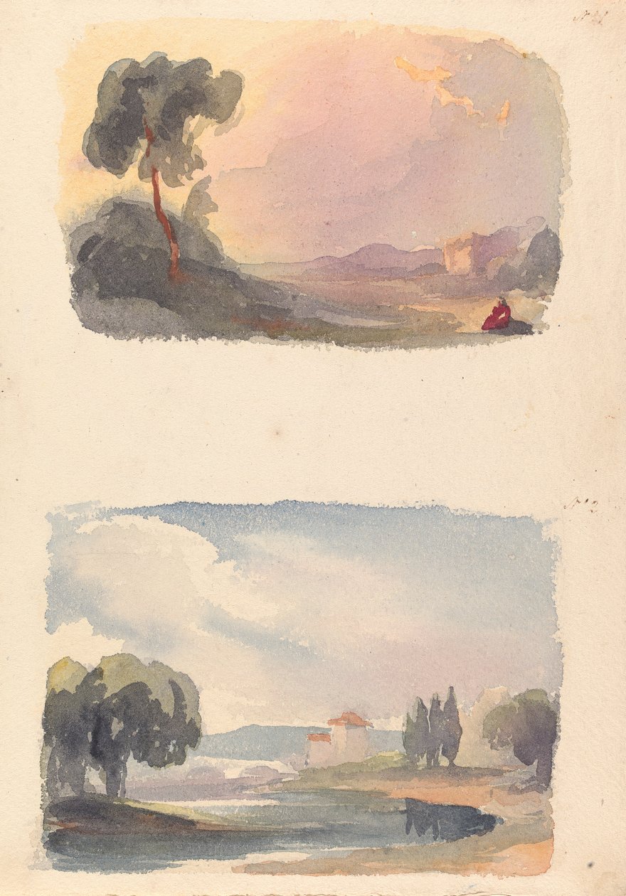 一张纸上两幅画：远处有山、前景有坐姿人物的风景画（第 1 号）；有河流和建筑、远处有山的风景画（第 2 号） 作者 托马斯·萨利