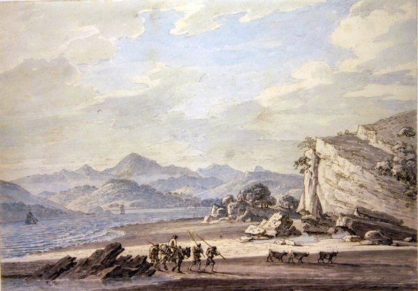 Ulverston Sands with Coniston Fells in the Distance (纸上铅笔、墨水和水彩) 作者 托马斯·桑德兰