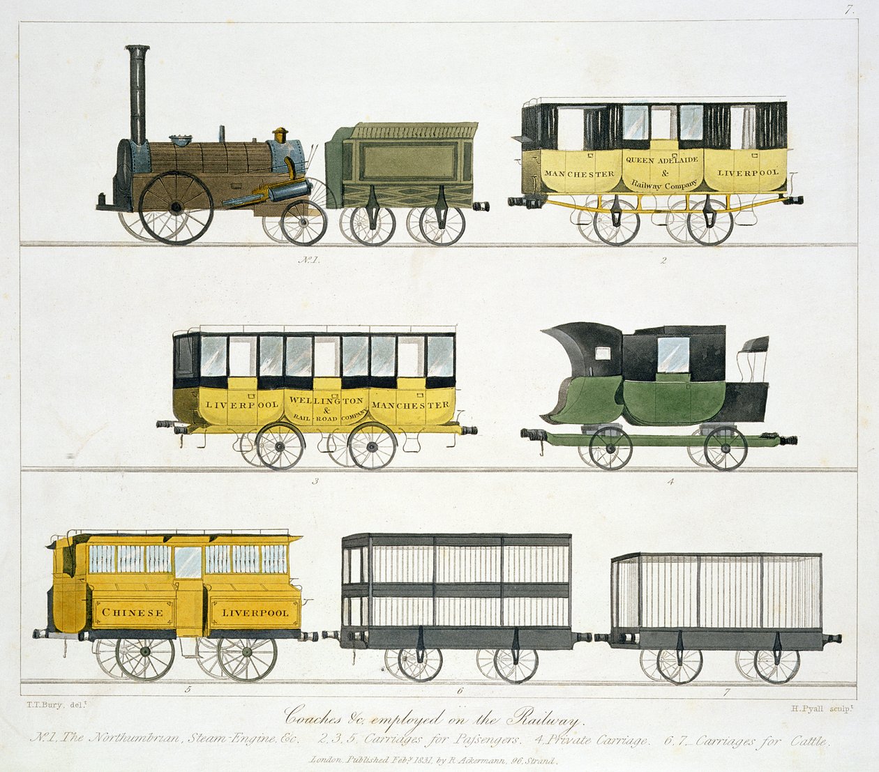 教练在铁路上工作，从“利物浦和曼彻斯特铁路”的7号板块，由Henry Pyall（1795-1833），酒吧雕刻。作者：R. Ackermann，1831年 作者 托马斯·塔尔伯特·伯里