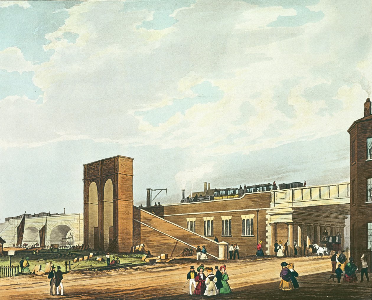 进入曼彻斯特横跨水街，由Ackermann und Co.出版的Henry Pyall（1795-1833），1831年（彩色aquatint） 作者 托马斯·塔尔伯特·伯里