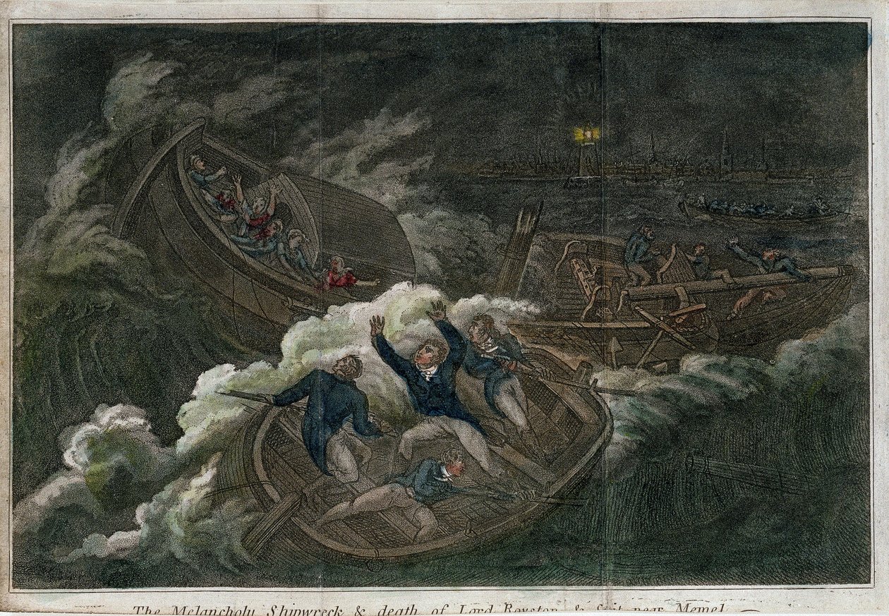 忧郁的海难和罗伊斯顿勋爵之死》。石版画（17.5 x 25.8 厘米），伦敦（英格兰）版，托马斯-泰格（1808 年？）英国艺术 作者 托马斯·泰格