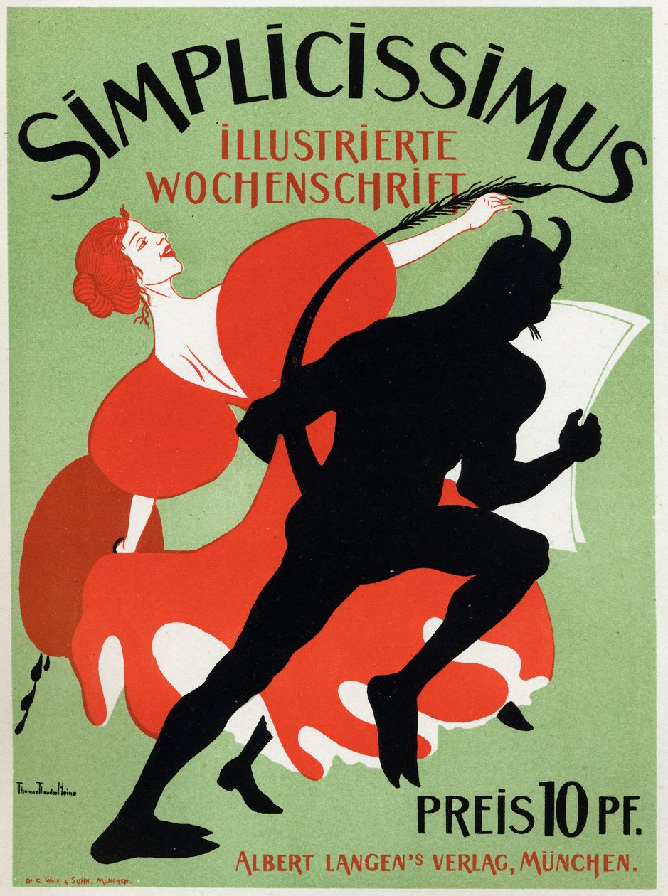 艺术。 文学。 《Simplicissimus》杂志。 德国托马斯·西多·海涅 (Thomas Thedor Heine) 的海报，约 1890 年（海报） 作者 托马斯·西奥多·海涅