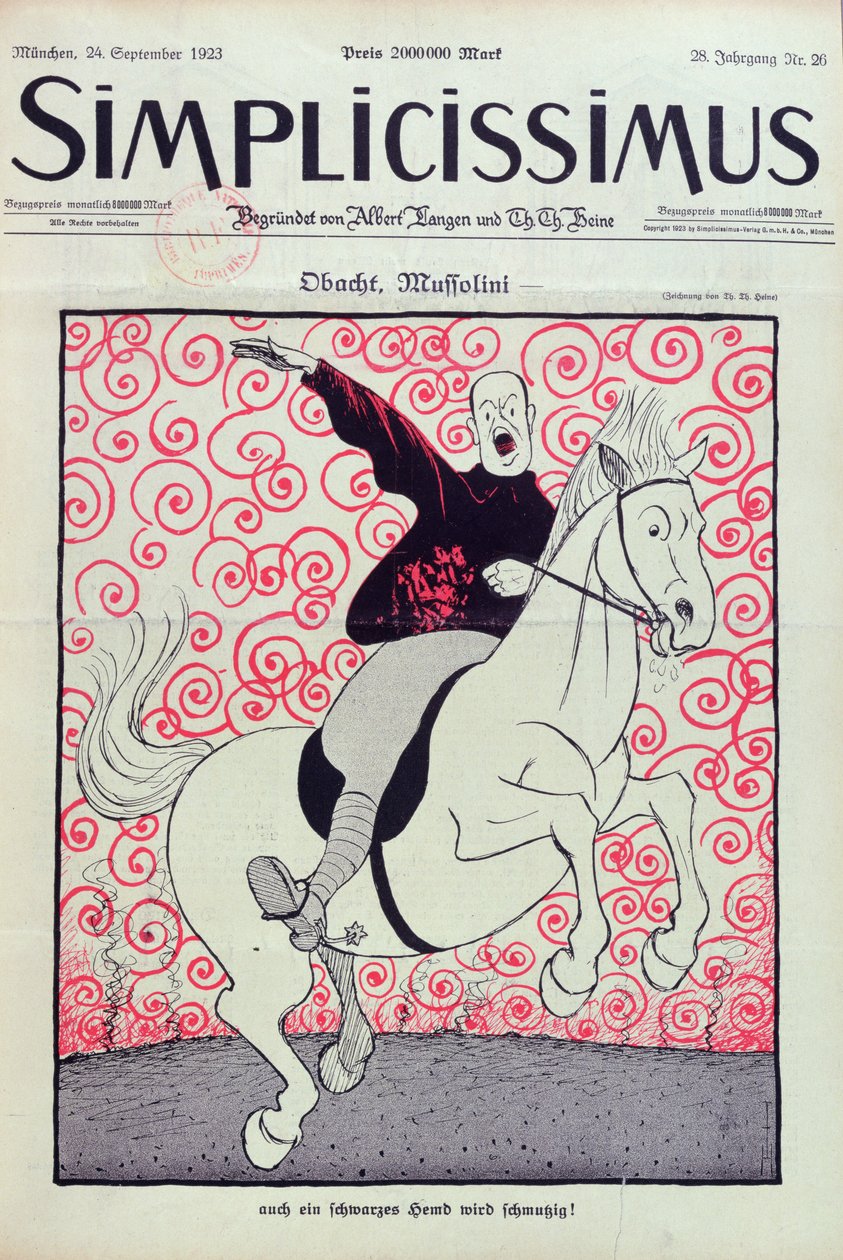 贝尼托-墨索里尼（1883-1945 年）的漫画，1923 年 9 月 24 日在慕尼黑出版的《Simplicissimus》杂志封面（彩色石版画） 作者 托马斯·西奥多·海涅