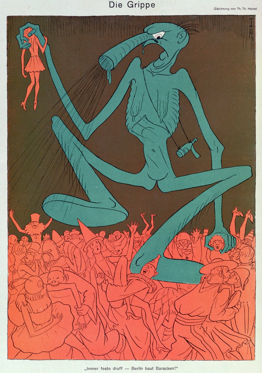 流行性感冒，选自《Simplicissimus》，1929 年 2 月（彩色石版画） 作者 托马斯·西奥多·海涅
