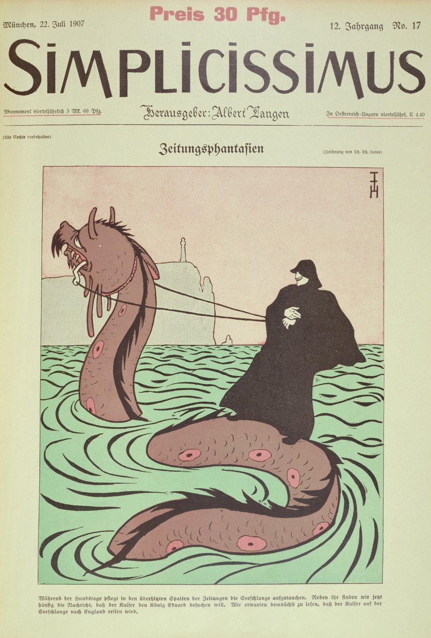 凯撒骑着海蛇前往英国，封面插图来自 Simplicissimus 作者 托马斯·西奥多·海涅