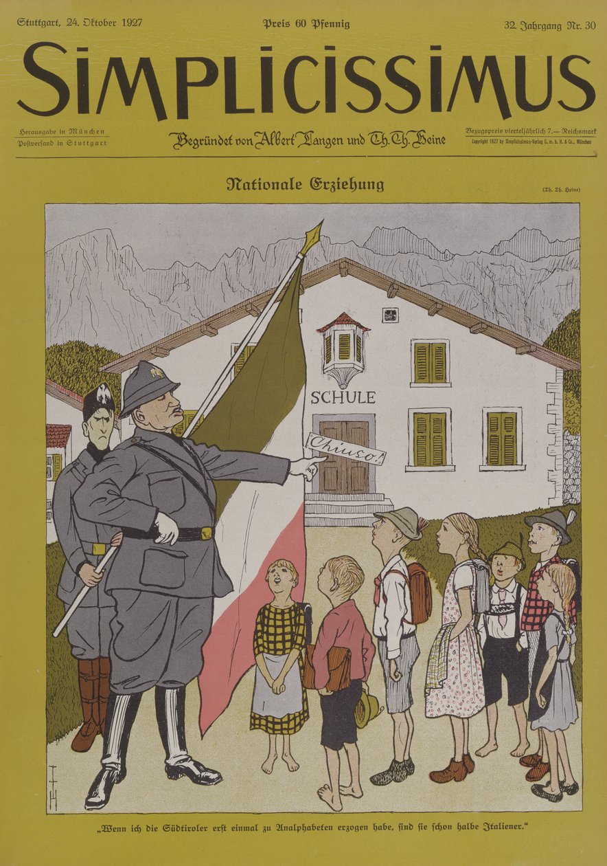墨索里尼 (1883-1945) 和意大利蒂罗尔人，来自《Simplicissimus》杂志的漫画，1924 年 10 月 24 日（彩色平版印刷） 作者 托马斯·西奥多·海涅