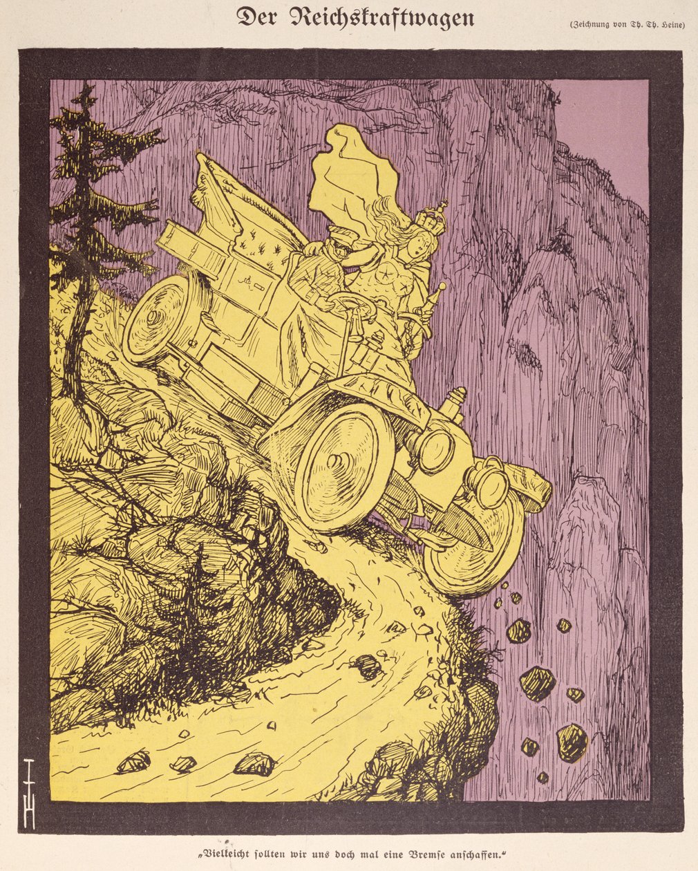 威廉二世（1859-1941 年）驾驶的德意志帝国汽车，1907 年《Simplicissimus》封面插图（彩色石印版） 作者 托马斯·西奥多·海涅