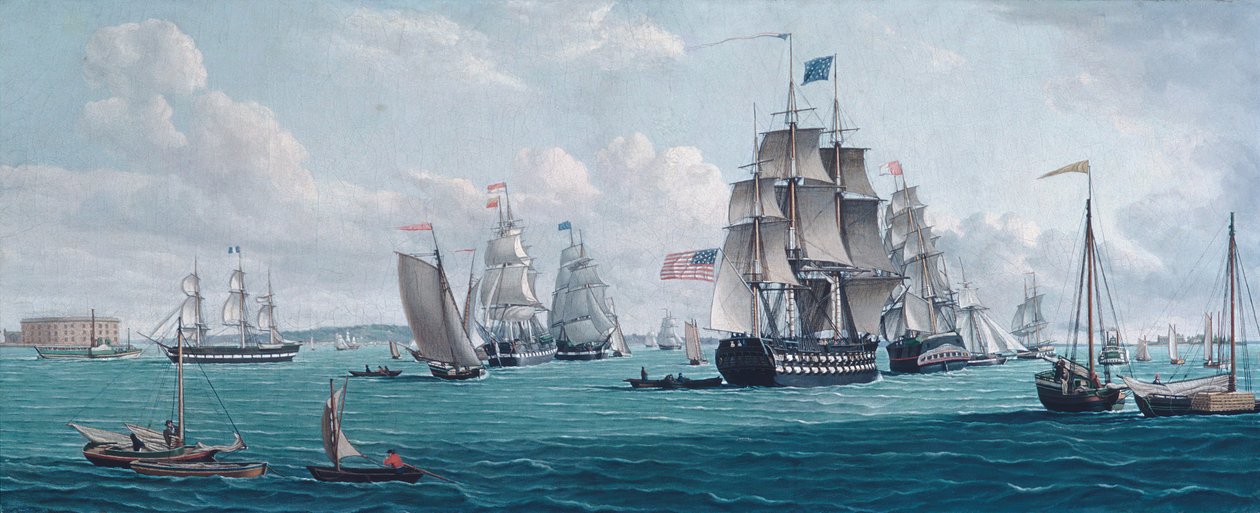 美国的富兰克林号，以及纽约湾的景色，1820年代或1830年代。 作者 托马斯·汤普森