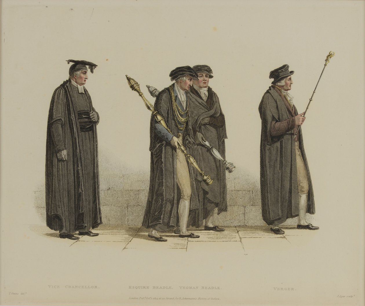 副校长，Esquire Beadle，Yeoman Beadle，Verger，由J. Agar雕刻，出版于R. Ackermann的“牛津历史”，1813年（手工彩色雕刻） 作者 托马斯·尤文斯