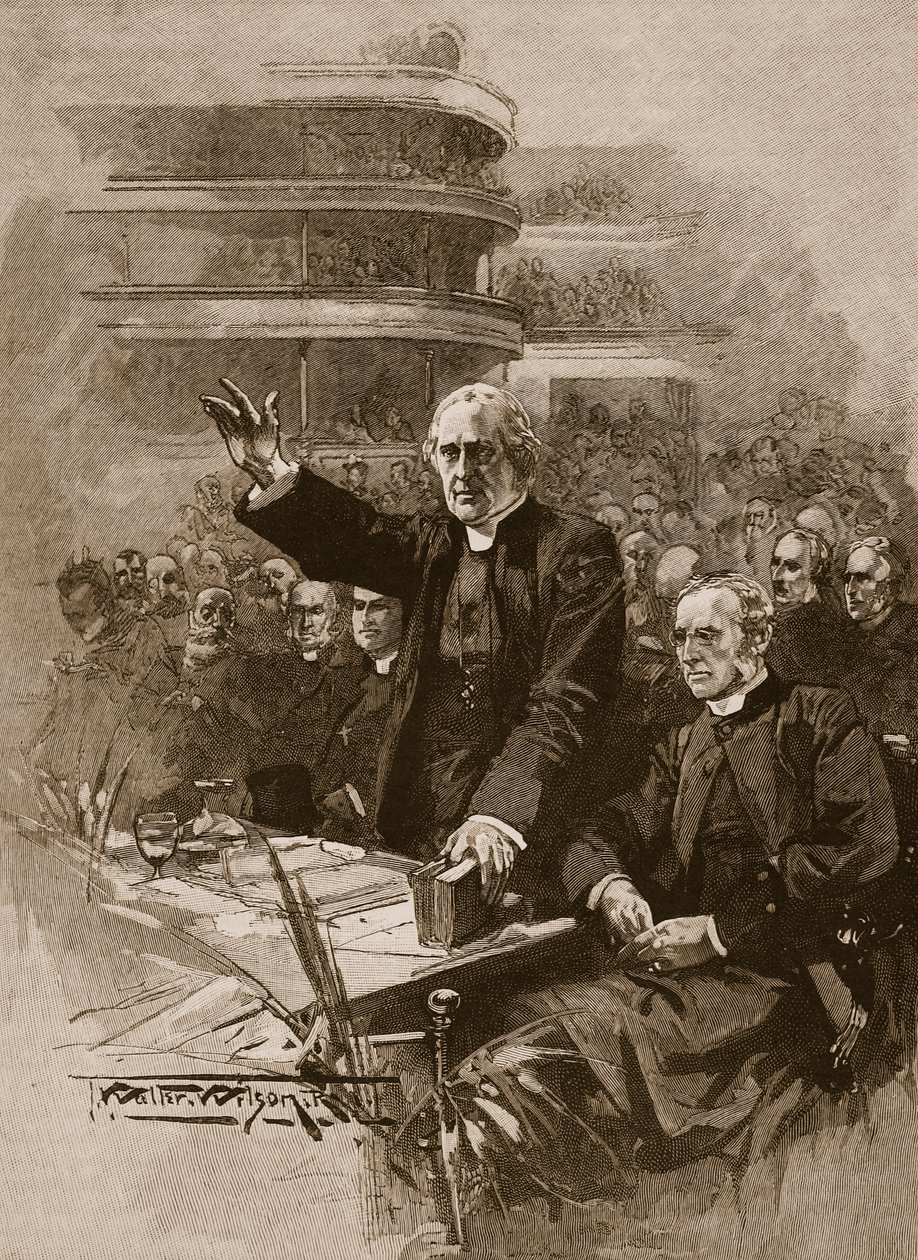 坎特伯雷大主教在1893年皇家阿尔伯特音乐厅的示威中，插图来自&39;卡塞尔的英国插图历史&39;（棕褐色照片） 作者 托马斯·沃尔特·威尔逊