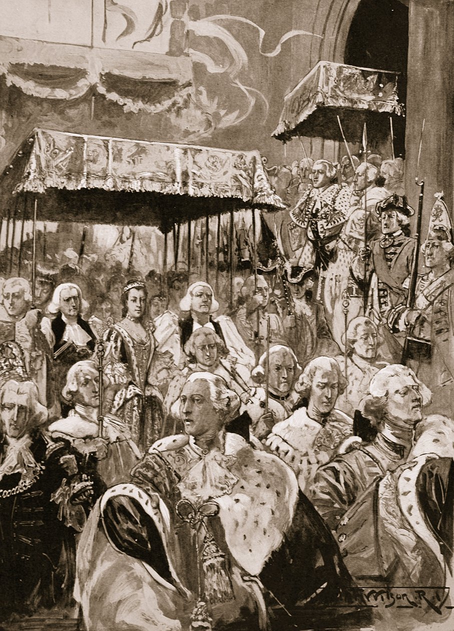 1761年9月22日，乔治三世和夏洛特女王加冕的威斯敏斯特大厅游行，来自“伦敦新闻画报”，1902年 作者 托马斯·沃尔特·威尔逊