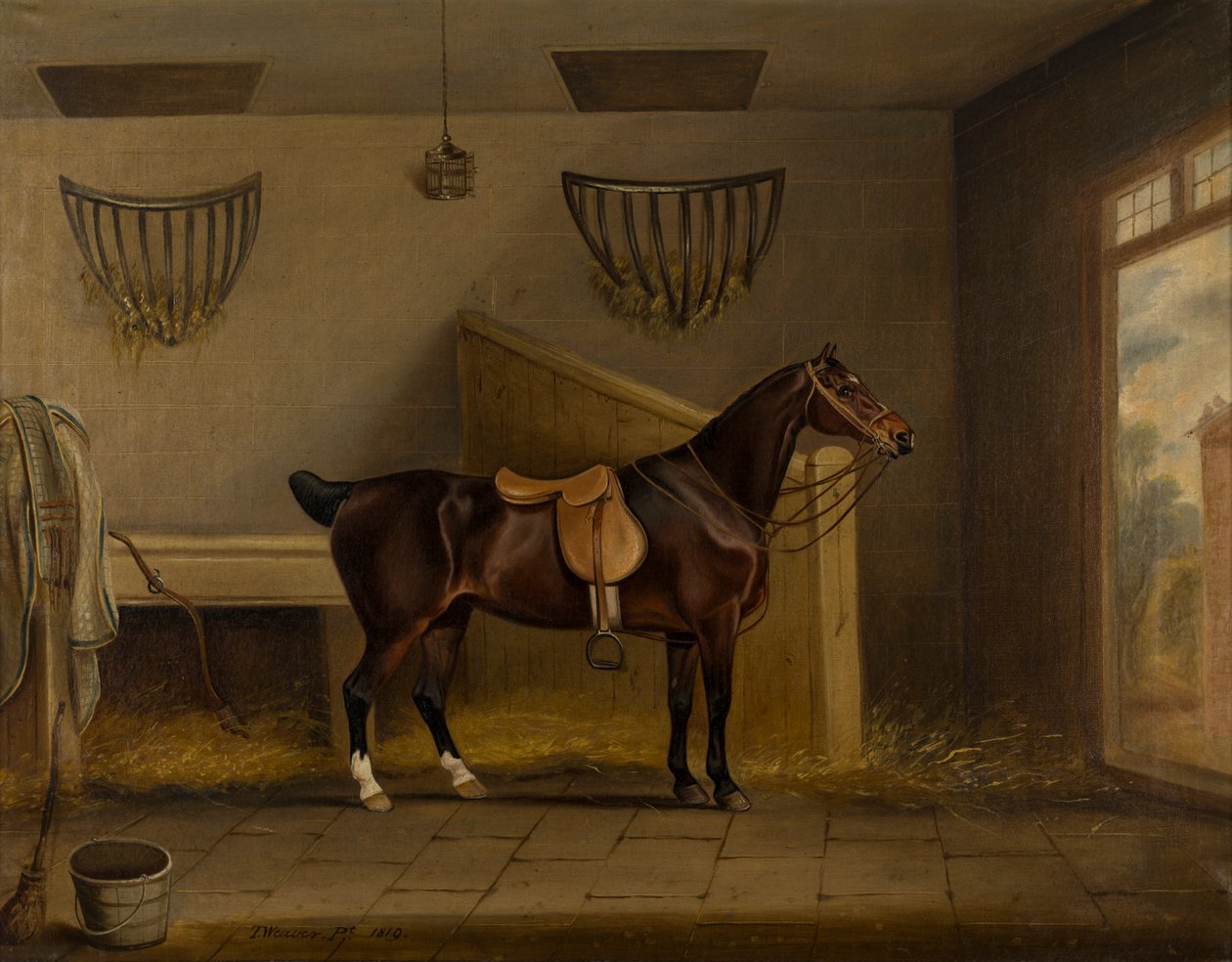 约 1819 年，马厩里骑着马鞍的海湾猎人（布面油画） 作者 托马斯·韦弗