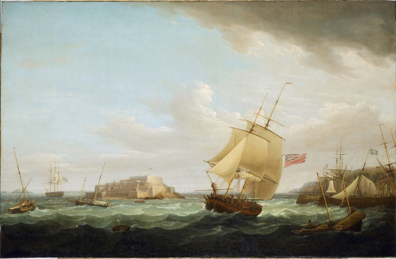 英国根西岛科内特城堡附近的一艘商船和其他船只。布面油画，约 1796 年，作者托马斯-惠特科姆（1763-1825 年）。 作者 托马斯·惠特科姆