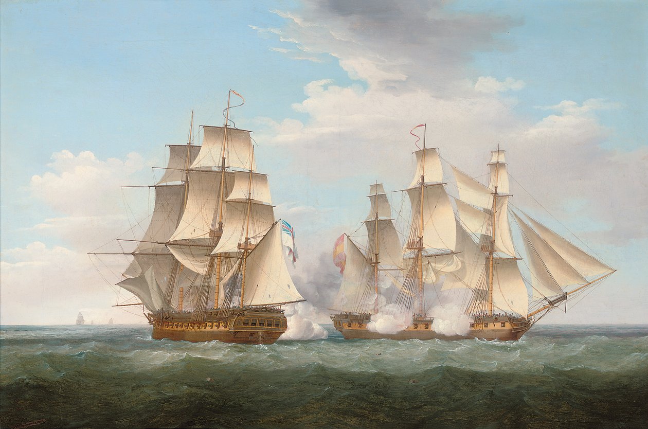 HMS Ethalion与西班牙护卫舰Thetis在海角Finisterre交战，1800年1799年10月16日， 作者 托马斯·惠特科姆