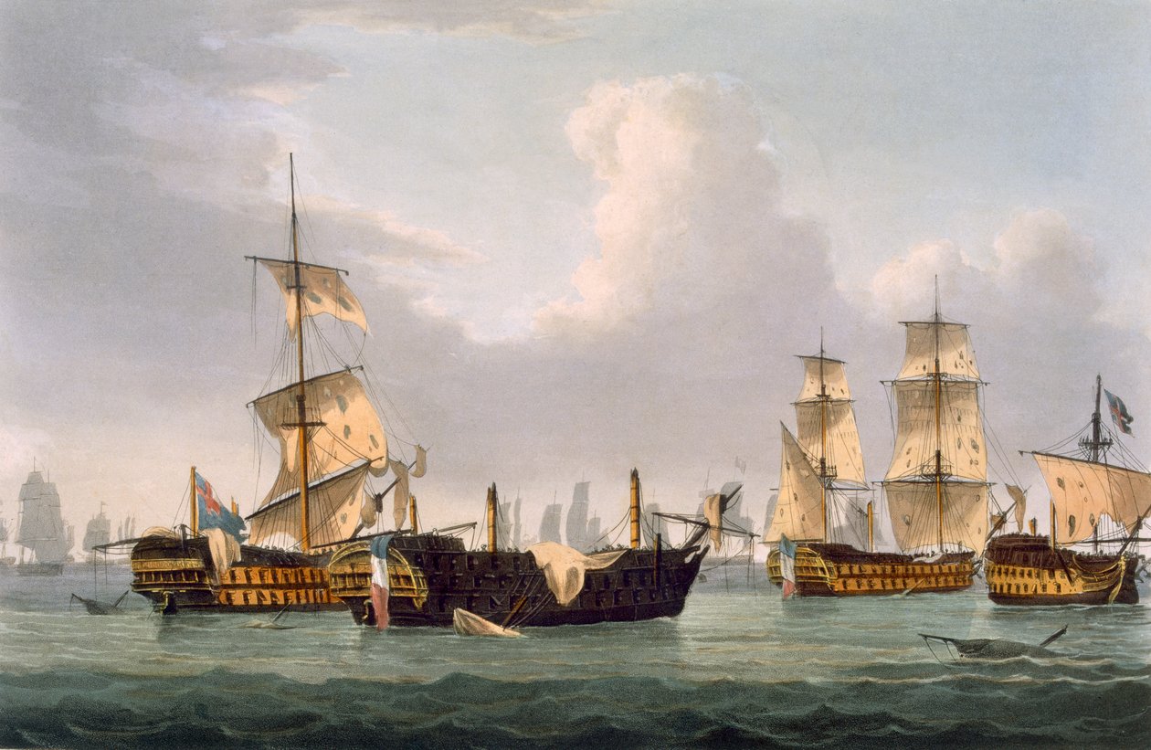 Lord Hotham的行动，1795年3月14日，由Thomas Sutherland为J. Jenkins的“海军成就”，1816年（彩色雕刻）刻。 作者 托马斯·惠特科姆