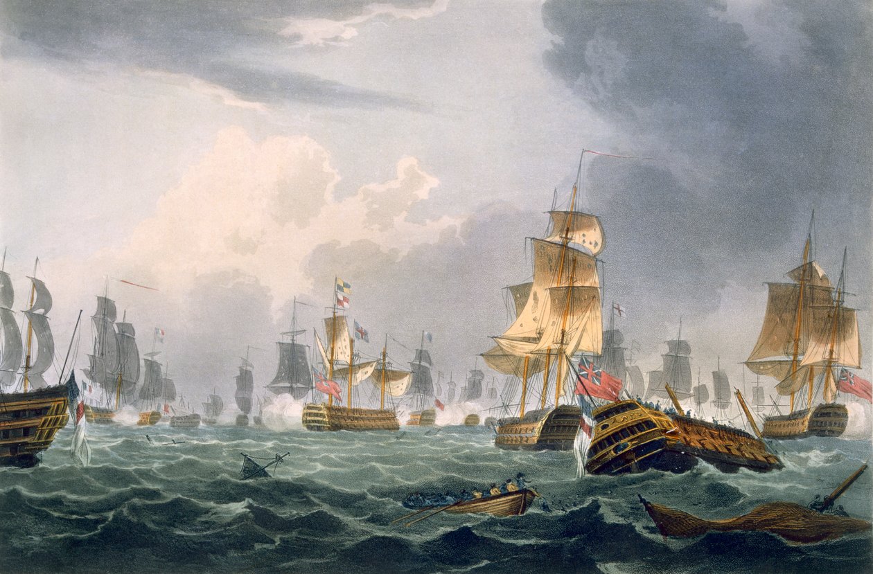 Lord Howe的胜利，1794年6月1日，由Thomas Sutherland为J. Jenkins的“海军成就”，1816年（彩色雕刻）刻。 作者 托马斯·惠特科姆