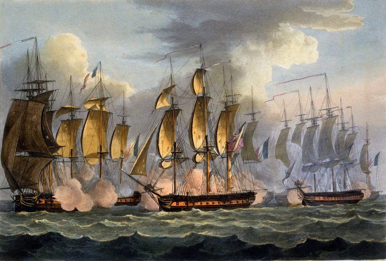 1795年5月17日，LaPrévoyante和La Raison的捕获，来自詹姆斯詹金斯的“英国海军成就”，由Thomas Sutherland雕刻，1817年出版（手工彩色的aquatint） 作者 托马斯·惠特科姆