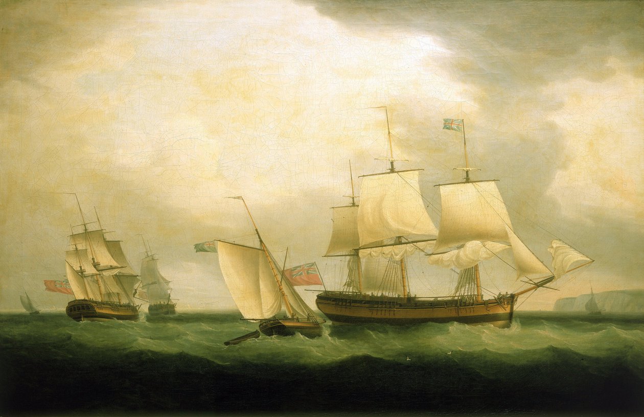 玛丽安 "号驱逐舰于 1795 年下水，"西尔芙 "号驱逐舰于 1805 年隶属于霍雷肖-纳尔逊（1758-1805 年）的舰队，当时在英格兰的根西岛服役，并在那里对法国海岸进行了袭击。 作者 托马斯·惠特科姆