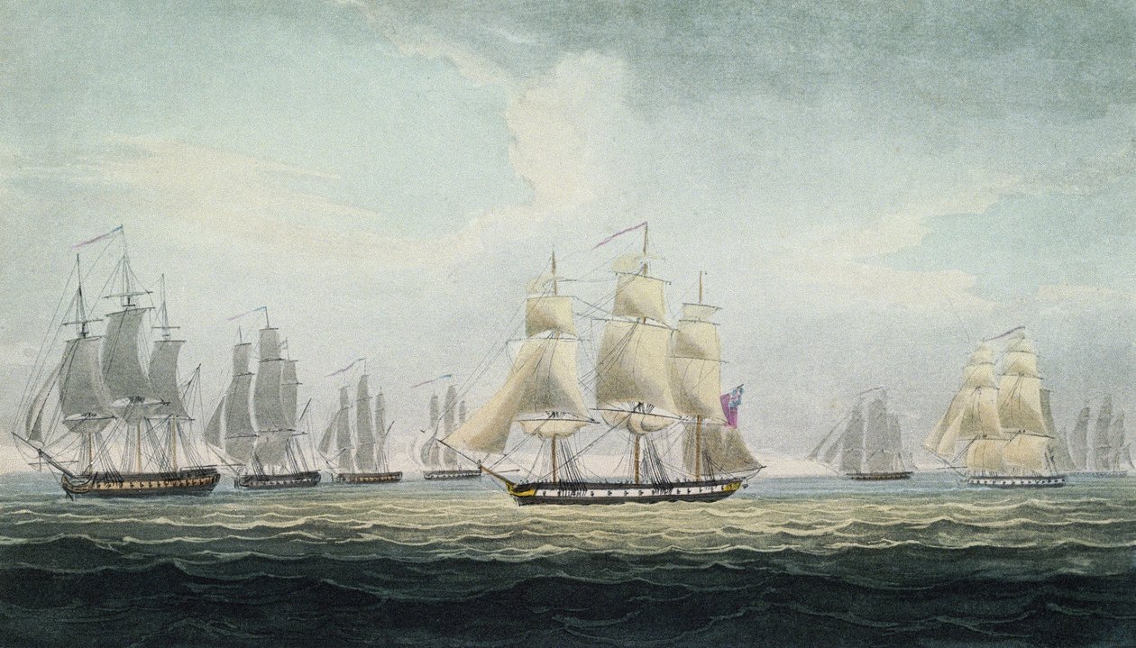 英国皇家海军四艘护卫舰中队指挥官格雷厄姆-摩尔爵士（1764-1843 年）于 10 月 5 日在西班牙加的斯近海俘获西班牙宝藏船队的海军演习。 作者 托马斯·惠特科姆