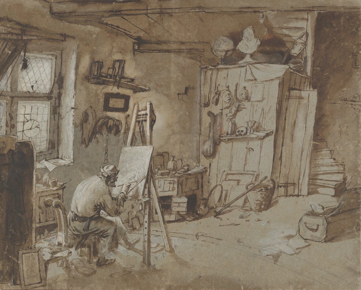 一位画家在他的画室里工作，1663-77。 作者 托马斯·维克