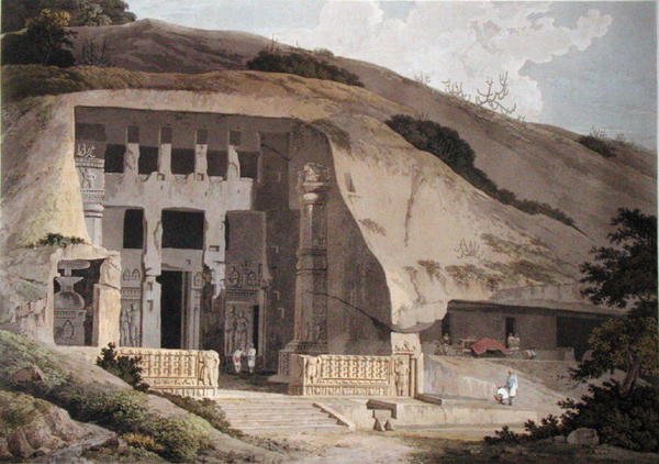 萨尔塞特岛出土的寺庙，板块三来自《东方风景》，1799年出版（彩色水印）（见136976）。 作者 托马斯和威廉丹尼尔