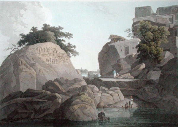 恒河上Fakeers岩石的东南视图，靠近Sultaungunge，板块X来自 "东方风景"，1800年出版（彩色水印）（也见86311）。 作者 托马斯和威廉丹尼尔