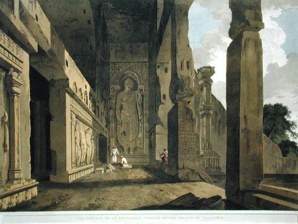 萨尔塞特岛上一座被挖掘的寺庙的门廊，板块55来自《东方风景》。东方风光：印度斯坦的二十四景》，1799年出版（彩色平印）（见195050年）。 作者 托马斯和威廉丹尼尔