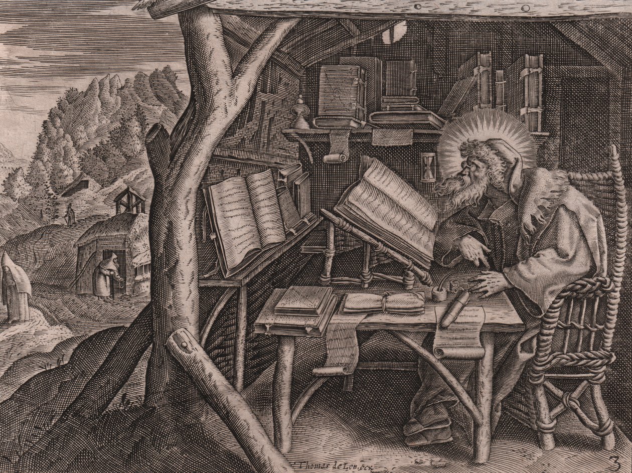 圣伊瓦格里乌斯·庞蒂库斯 (Saint Evagrius Ponticus) 沉浸在 Thomas de Lieu (1560-1612) 的研究、蚀刻和刻画中 作者 托马斯·德·勒伊