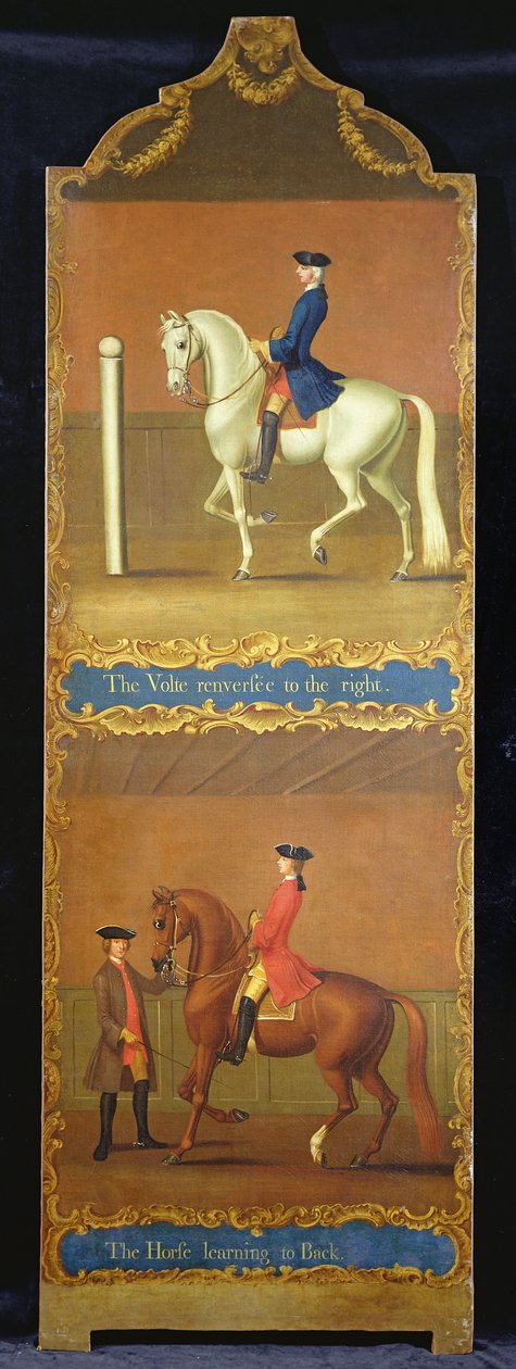 “Volte Renversee to the Right”（上图）和“The Horse Learning to back”（下图），第1750页 作者 颇尔购物中心男管家的托马斯