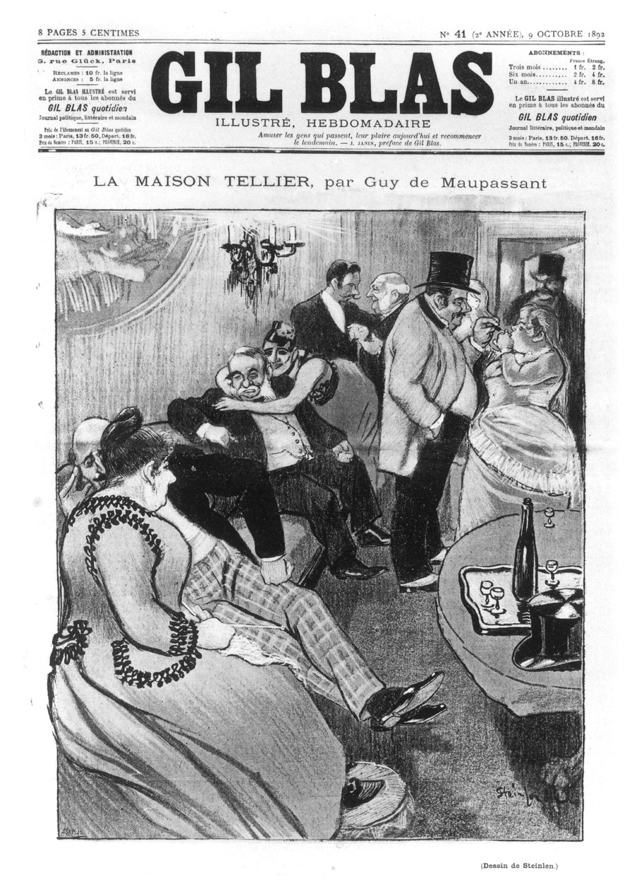 图片来自Guy de Maupassant（1850-93）的&39;La Maison Tellier&39;，&39;Gil Blas&39;的封面，1892年10月9日（详见170903） 作者 西奥菲勒·亚历山大·斯坦伦