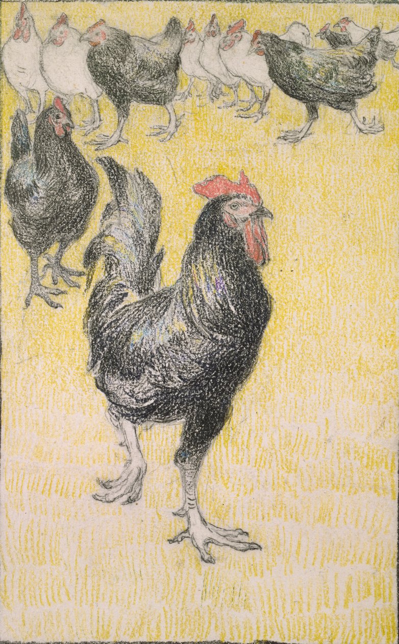 公鸡，然后是黑白母鸡，1899年 作者 西奥菲勒·亚历山大·斯坦伦
