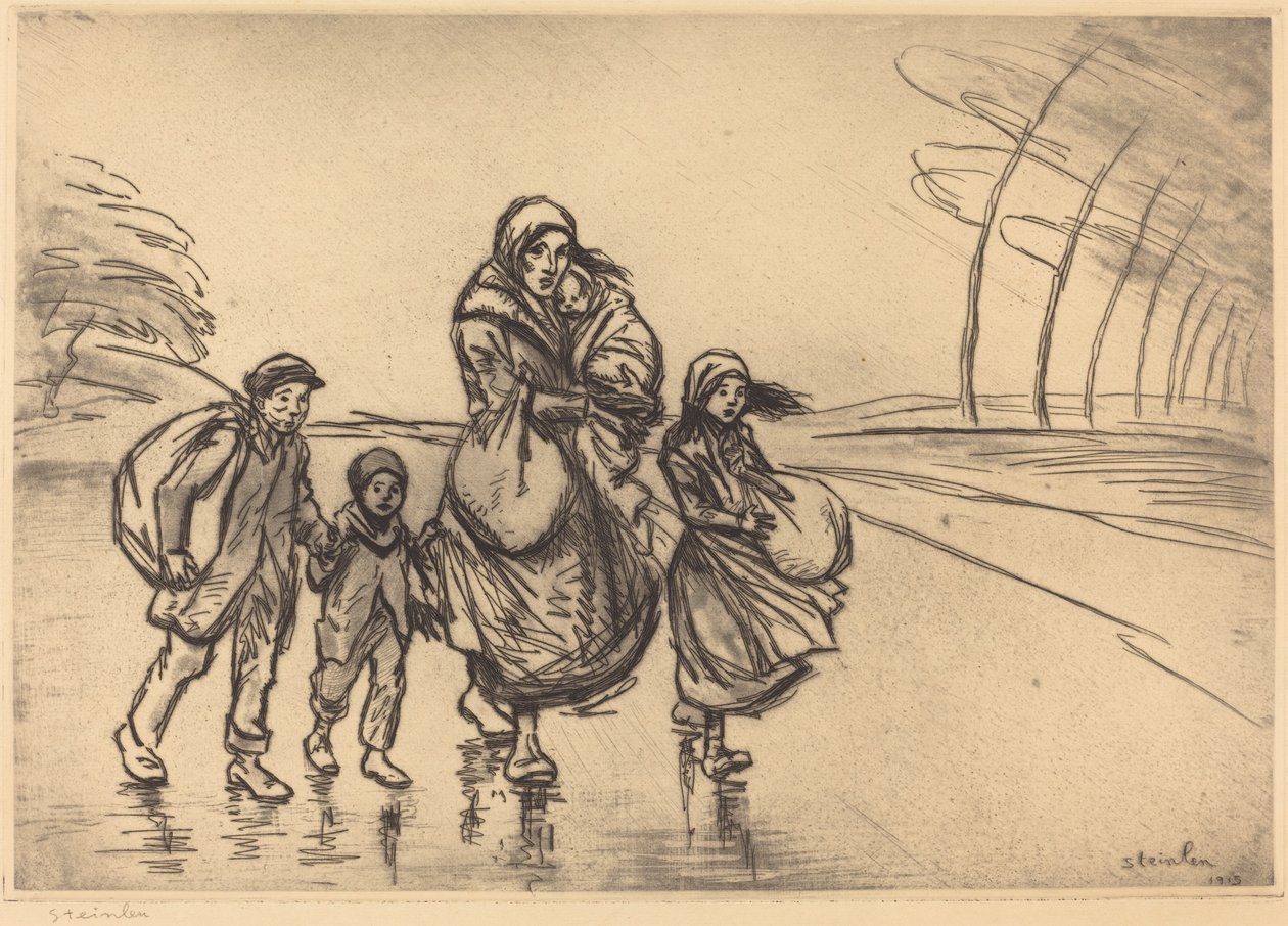 在雨中：母亲和孩子 在雨中：La mere et les enfants, 1915. 作者 西奥菲勒·亚历山大·斯坦伦