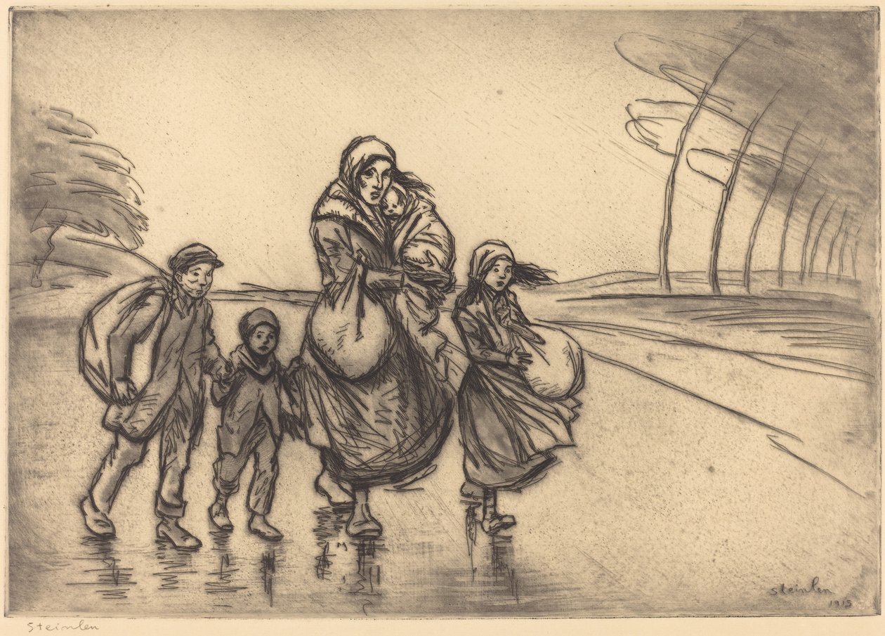 在雨中：母亲和孩子们 在雨中：La mere et les enfants, 1915. 作者 西奥菲勒·亚历山大·斯坦伦