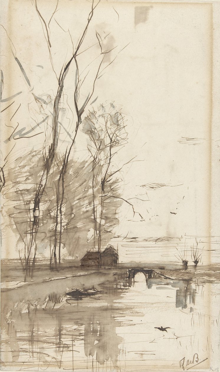 运河美景与高大树木、农舍和小桥相映成趣 作者 Theophile de Bock (可能)