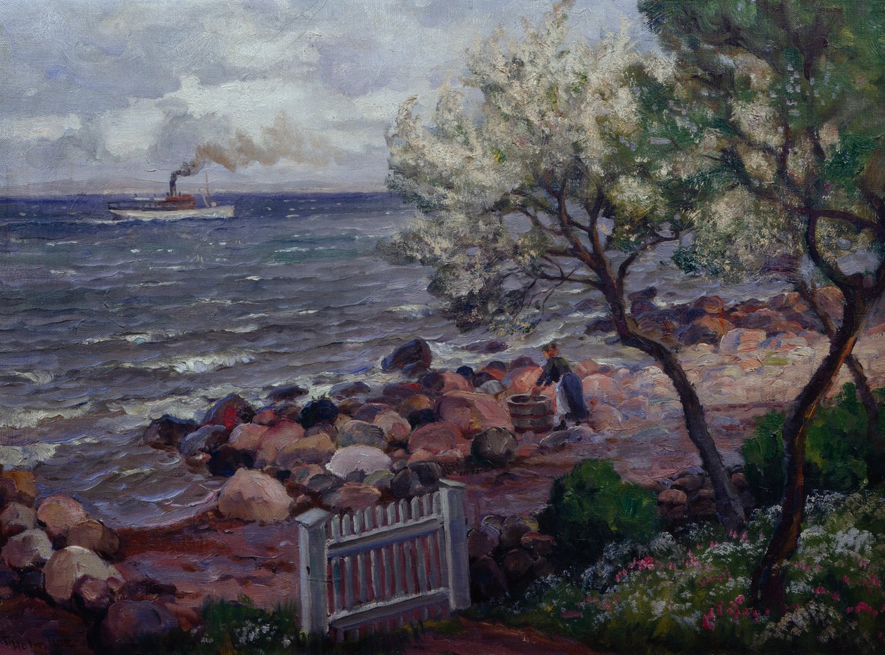 带花园大门和女人的夏日风景（布面油画） 作者 索罗尔夫·霍尔姆博