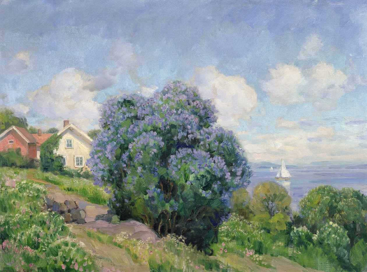 有丁香树丛、房屋和帆船的夏日风景（布面油画） 作者 索罗尔夫·霍尔姆博
