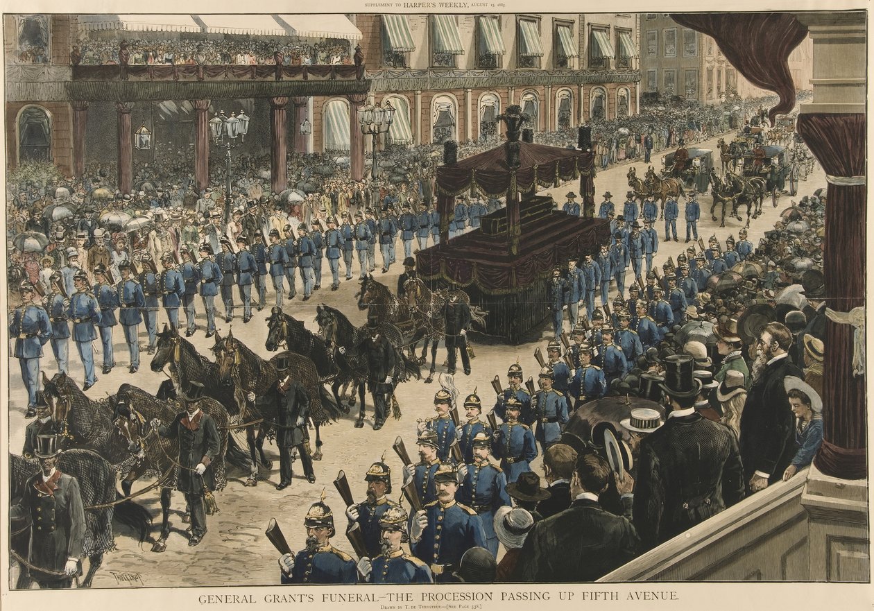 General Grants Funeral  - 游行队伍从Harpers Weekly酒吧经过第五大道。 1885年 作者 Thure de Thulstrup
