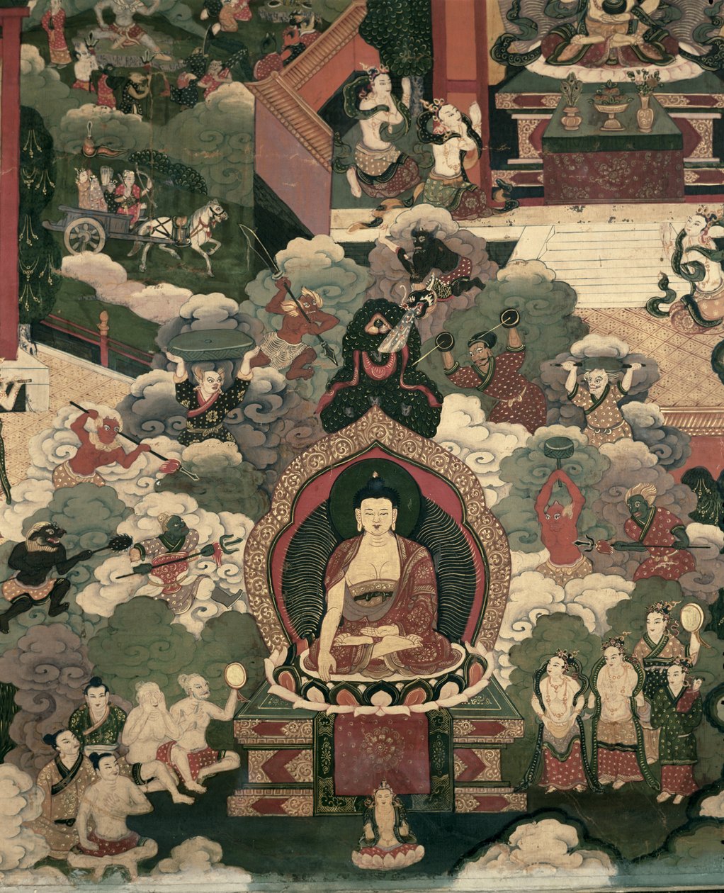 释迦牟尼的生命，玛拉的军队攻击祝福（画在丝绸上） 作者 藏族学校