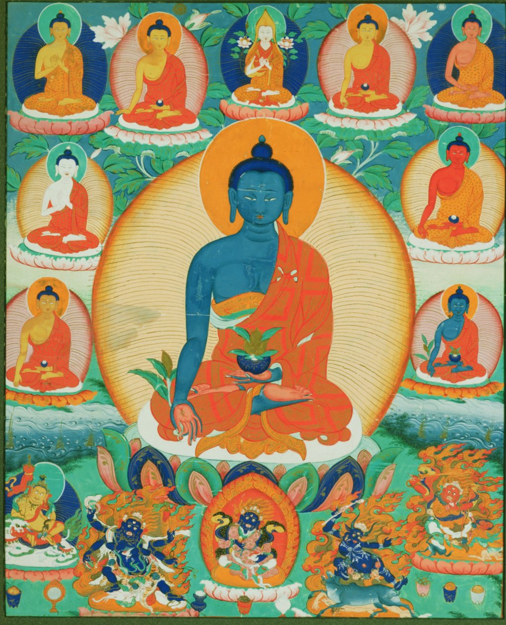 Thangka绘画描绘了Baishajyaguru，Menla与其他七个医学佛，1780-1880（纸） 作者 藏族学校