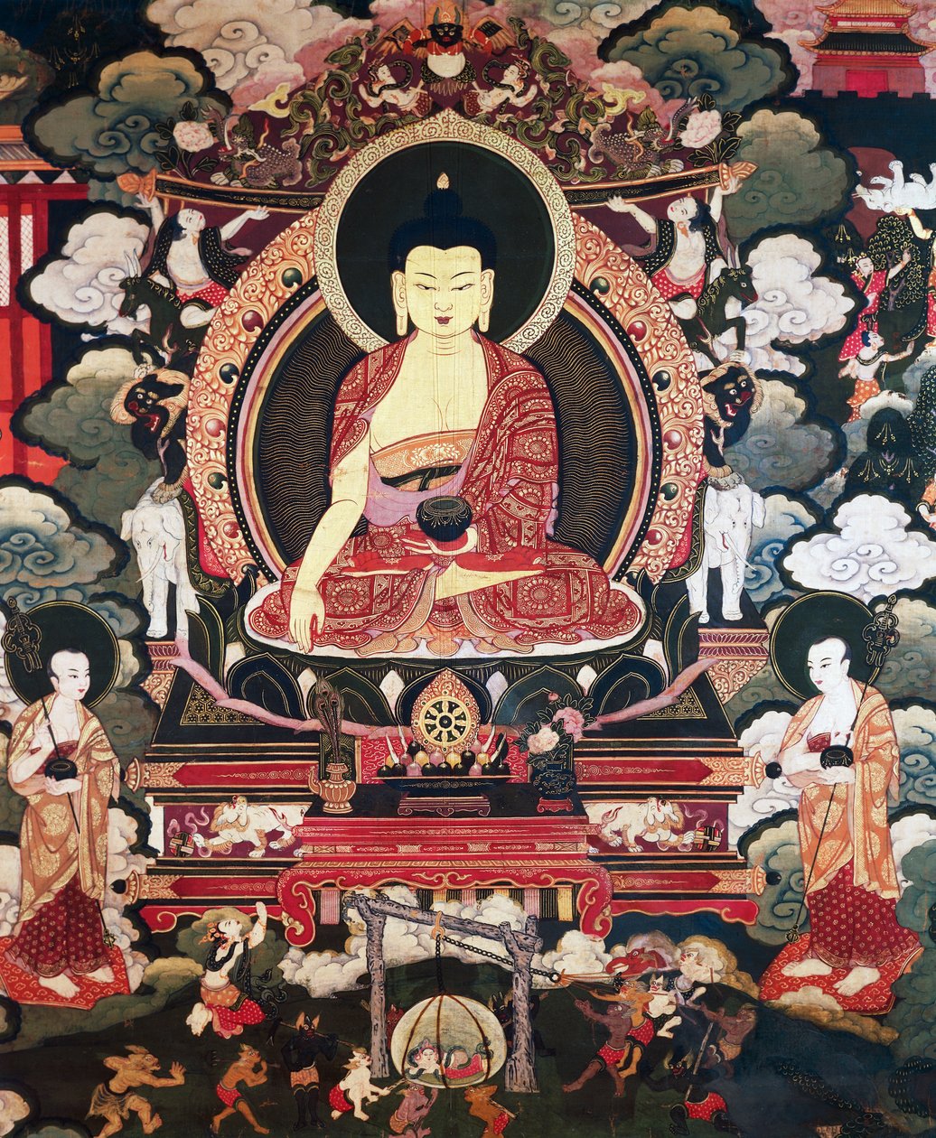 佛陀坐在他的两个大弟子卡里普特拉和毛利耶那之间，《释迦牟尼佛的生活》中的场景，西藏文明 作者 藏族学校