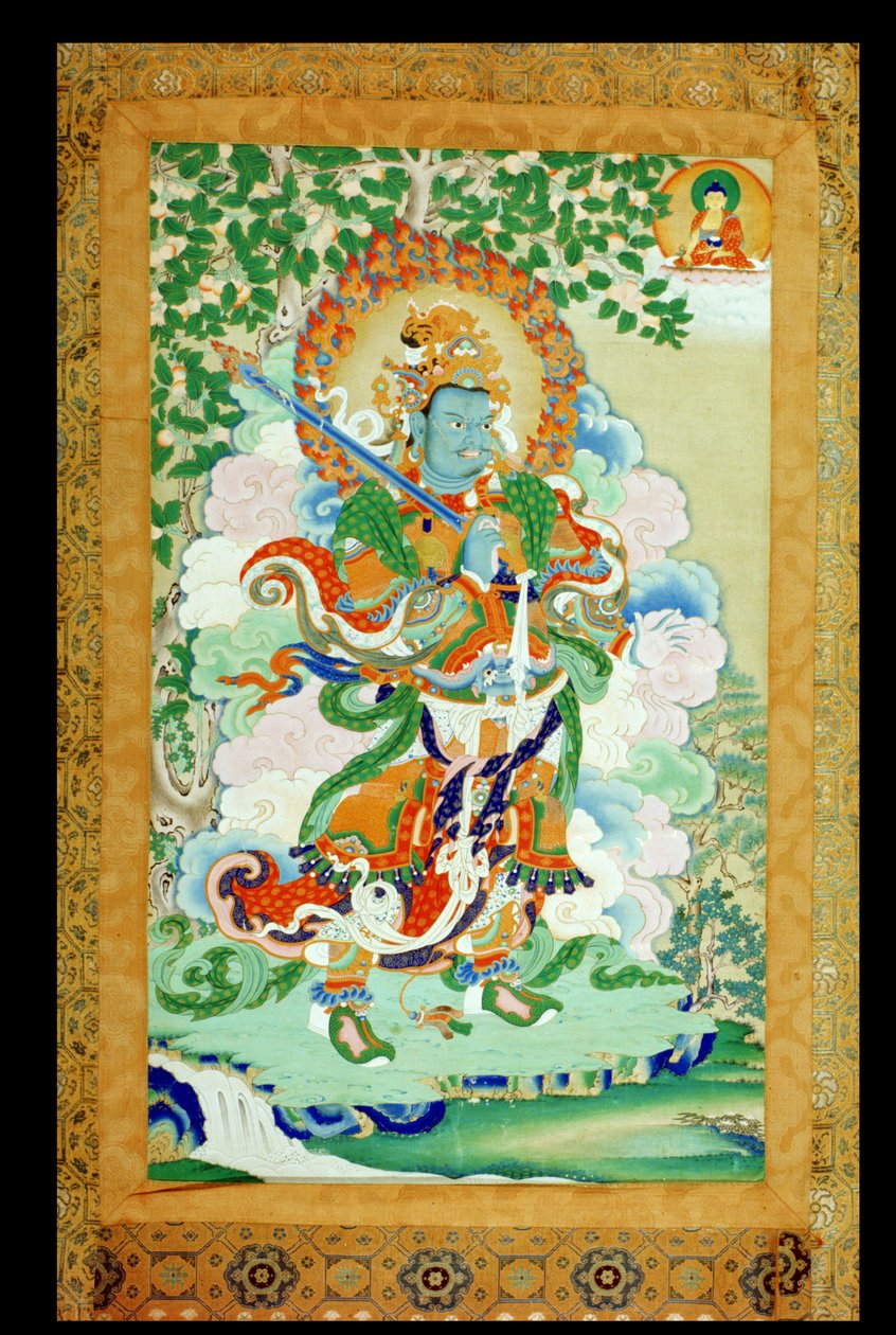 Thangka绘画描绘了Virudhaka（Pag che po）南方卫士，西藏，19世纪（纸上装有丝绸的丝绸） 作者 藏族学校