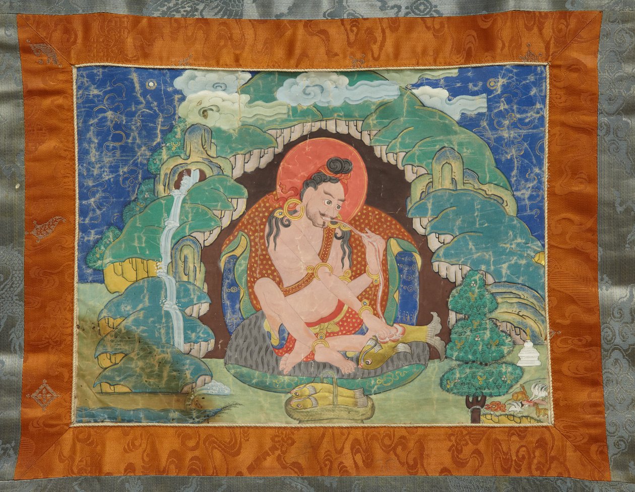 Mahasiddha Luipa，来自一套部分唐卡，十九世纪初（矿物颜料涂在上浆的棉布上；原始锦缎装裱） 作者 藏族学校