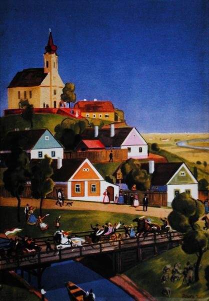 典型的匈牙利村庄，来自旅游手册的插图，约1930-40年（彩色平版印刷）。 作者 蒂博尔·波利亚（Tibor Polya）
