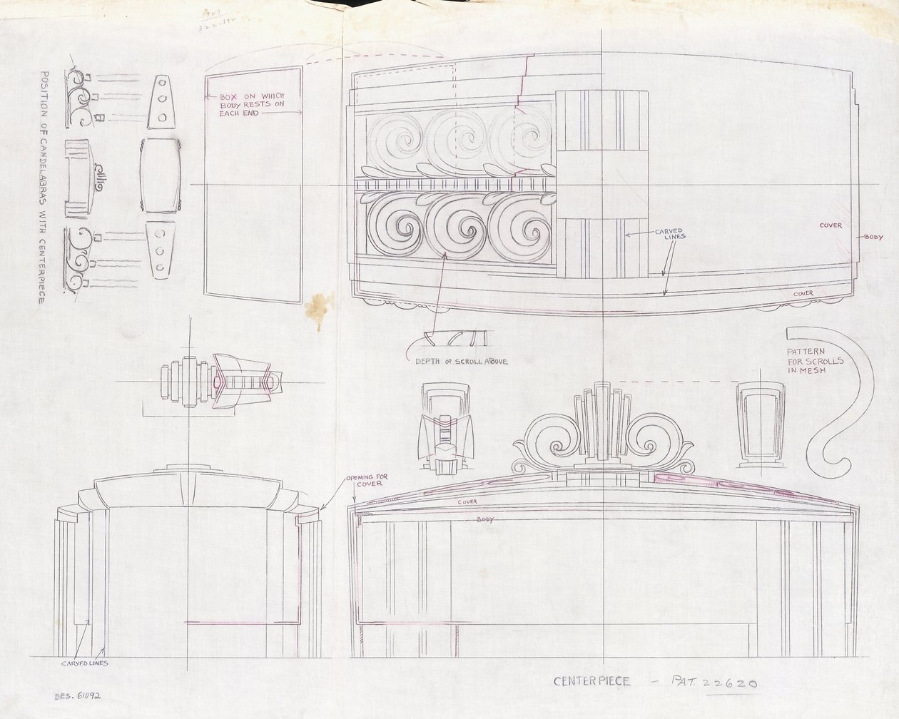 Tiffany＆Co.展览中心和两个三灯烛台的设计图，为1939年世界博览会（约1939年）制作（纸本墨水） 作者 蒂芙尼公司